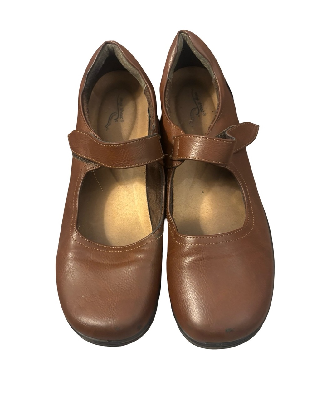 easy street Preppy Brown Leather Mary Jane Comfort Flats Shoes w/Strap Size 11